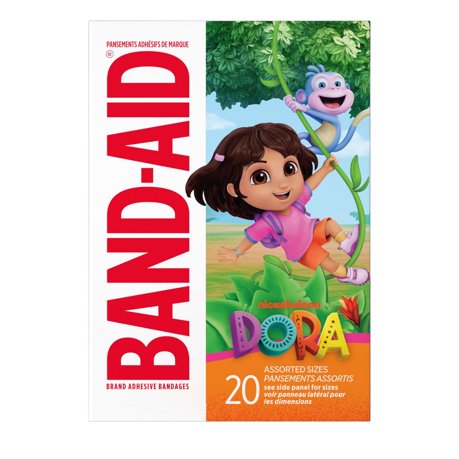 Pansements adhésifs de premiers soins Band-Aid pour coupures et éraflures mineures, avec les personnages de Dora de Nickelodeon, pour enfants et tout-petits, stériles, tailles assorties