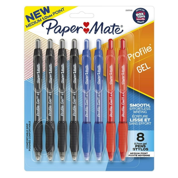 Paper Mate stylo gel, pointe moyenne 0,7mm, couleur assortie, paq. de 8 Stylo rétractable
