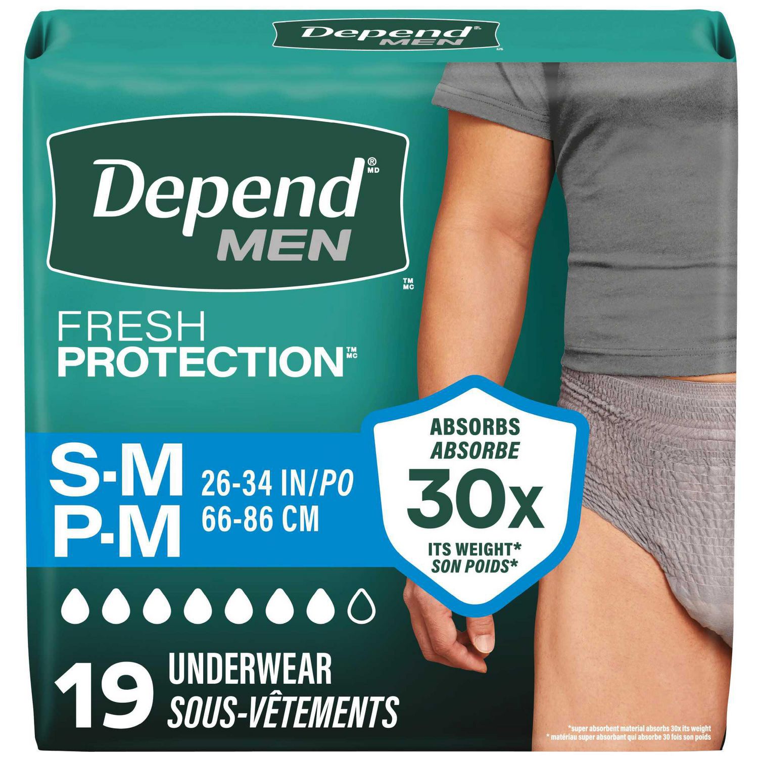 Sous-vêtement d’incontinence Depend Fresh Protection pour hommes, degré d’absorption maximal, P/M - TG, gris