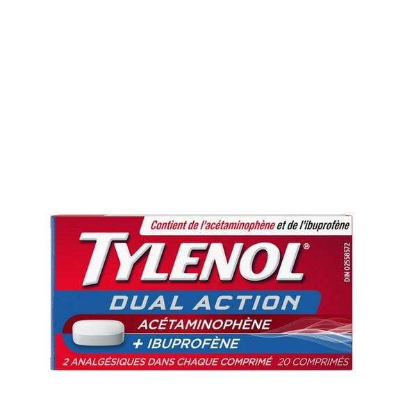 Tylenol Dual Action Acetaminophen + Ibuprofen Pain Reliever Tablets, 250mg Acetaminophen, 125mg Ibuprofen, Fever, Muscle Pain, Headaches, 20 Count