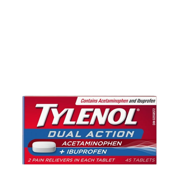 Tylenol Dual Action Acetaminophen + Ibuprofen Pain Reliever Tablets, 250mg Acetaminophen, 125mg Ibuprofen, Fever, Muscle Pain, Headaches, 45 Count