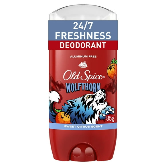 Désodorisant sans aluminium Old Spice pour hommes, fraîcheur 24&nbsp;heures sur&nbsp;24, 7&nbsp;jours sur&nbsp;7, protection longue durée contre les odeurs, parfum légendaire, Wolfthorn, parfum d’agrumes doux, 85&nbsp;g 85 g