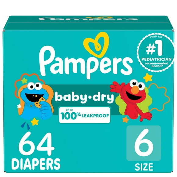Pampers Baby Dry Diapers, Size 6, 35+ lbs, Absorbent Disposable Diapers, 64CT