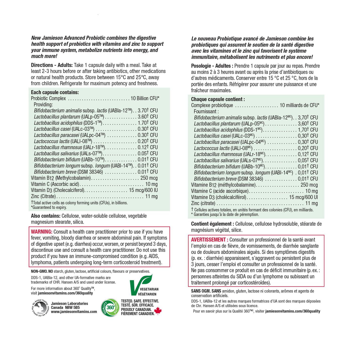 Jamieson Avancé Probiotique 10 milliards + Soutien Immunitaire, 30 Capsules