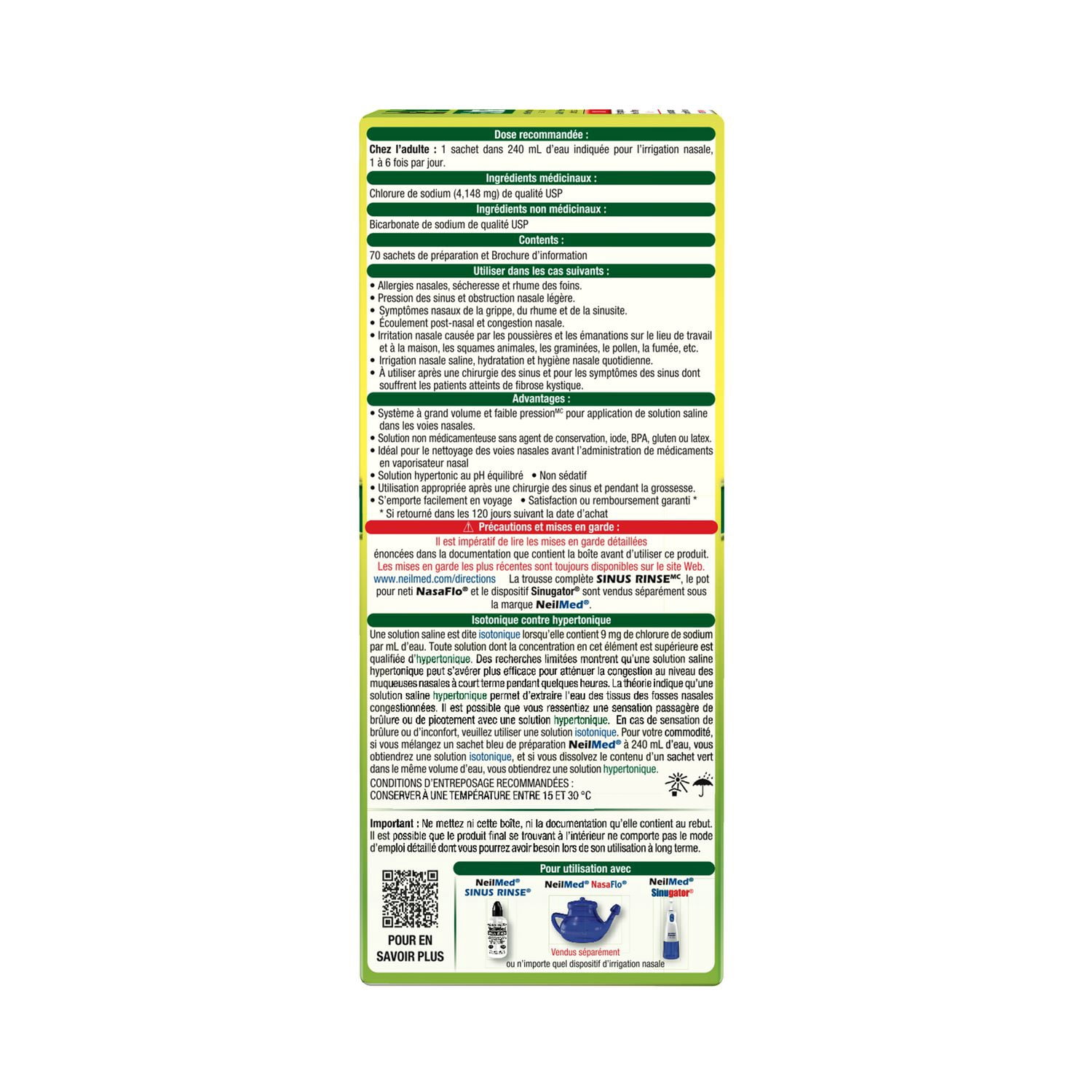 Recharge prémélangée NeilMed Sinus Rinse Hypertonic Extra Strength, sachets de 70 unités