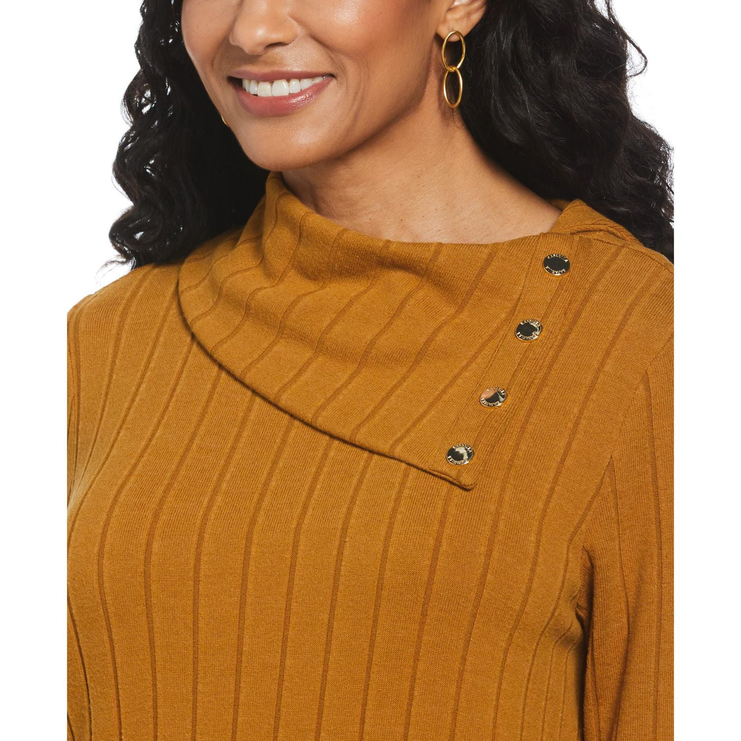 Rafaella Women's Long Sleeve Top with Rivet Neck Trim