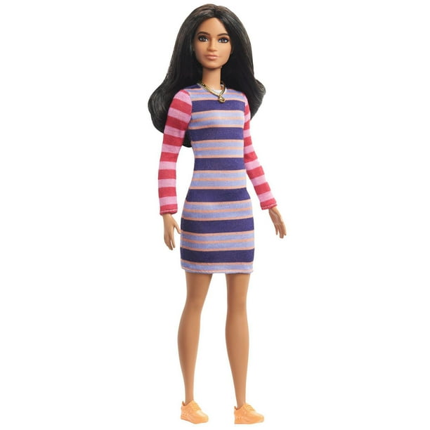 Poupée Barbie Fashionistas avec Longs Cheveux Bruns, Robe à Rayures, Chaussures Orange et Collier