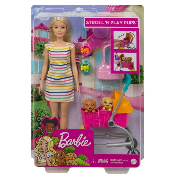 Coffret de jeu Chiots Promenade et jeu Barbie avec poupée Barbie, 2chiots  et poussette pour animaux