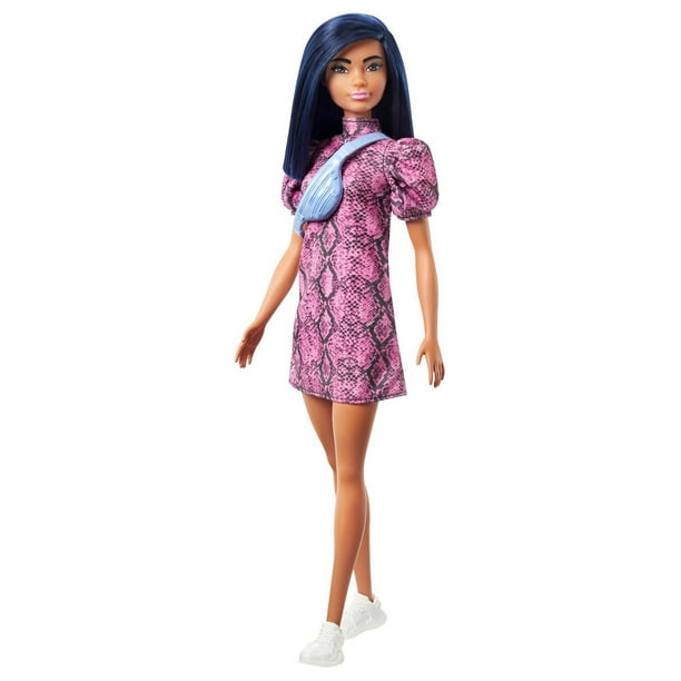 Poupée Barbie Fashionistas avec Cheveux Bleus, Robe Rose et Noire