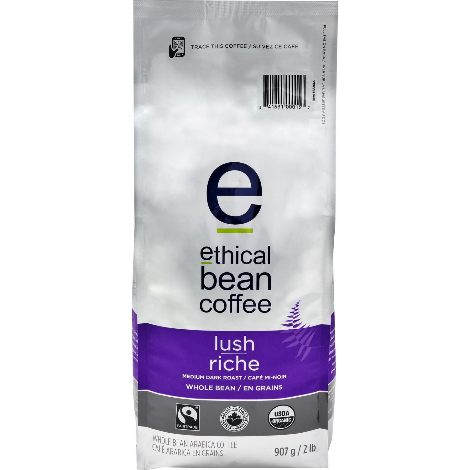 Ethical Bean Fairtrade Organic Coffee, Lush Medium Dark Roast, Whole