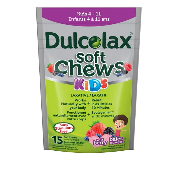 Dulcolax Soft Chews Kids, baies sauvages, fiable, prévisible et doux, un laxatif pour un soulagement rapide de la constipation occasionnelle, sans stimulant, sans gluten, pour les enfants de 4 ans et plus 15 compte