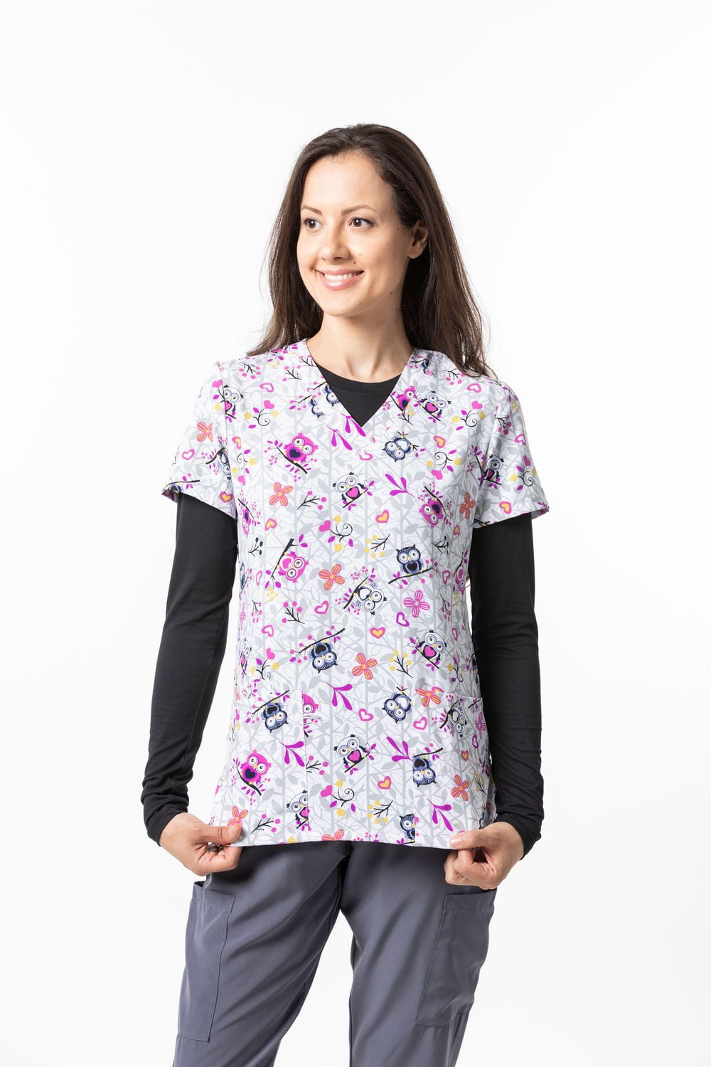 Greentown Canada Scrubs Women's Zinnia V-Neck Sweet Owls Print Top ...