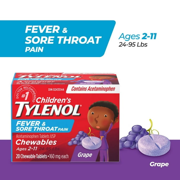 Tylenol Children's Fever and Sore Throat Pain Chewables, Relieves Fever and Sore Throat Pain , Grape Flavour, For ages 2-11yrs, 20 Tablets