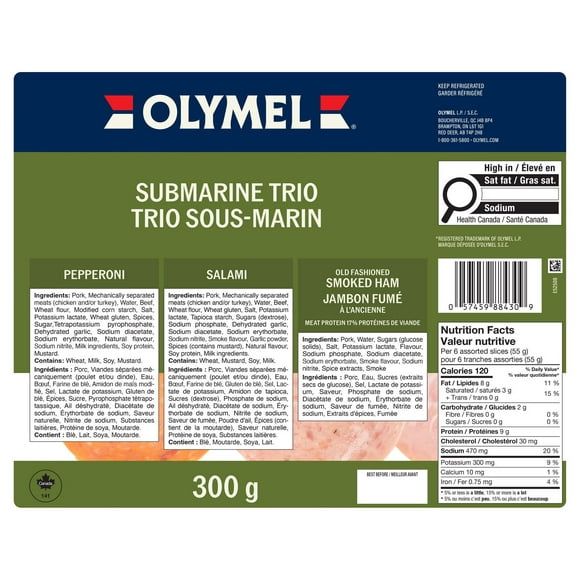 Olymel Sliced Meat Trio Salami,<br>Pepperoni, Smoked Ham, 3 x 100 g, 300 g total