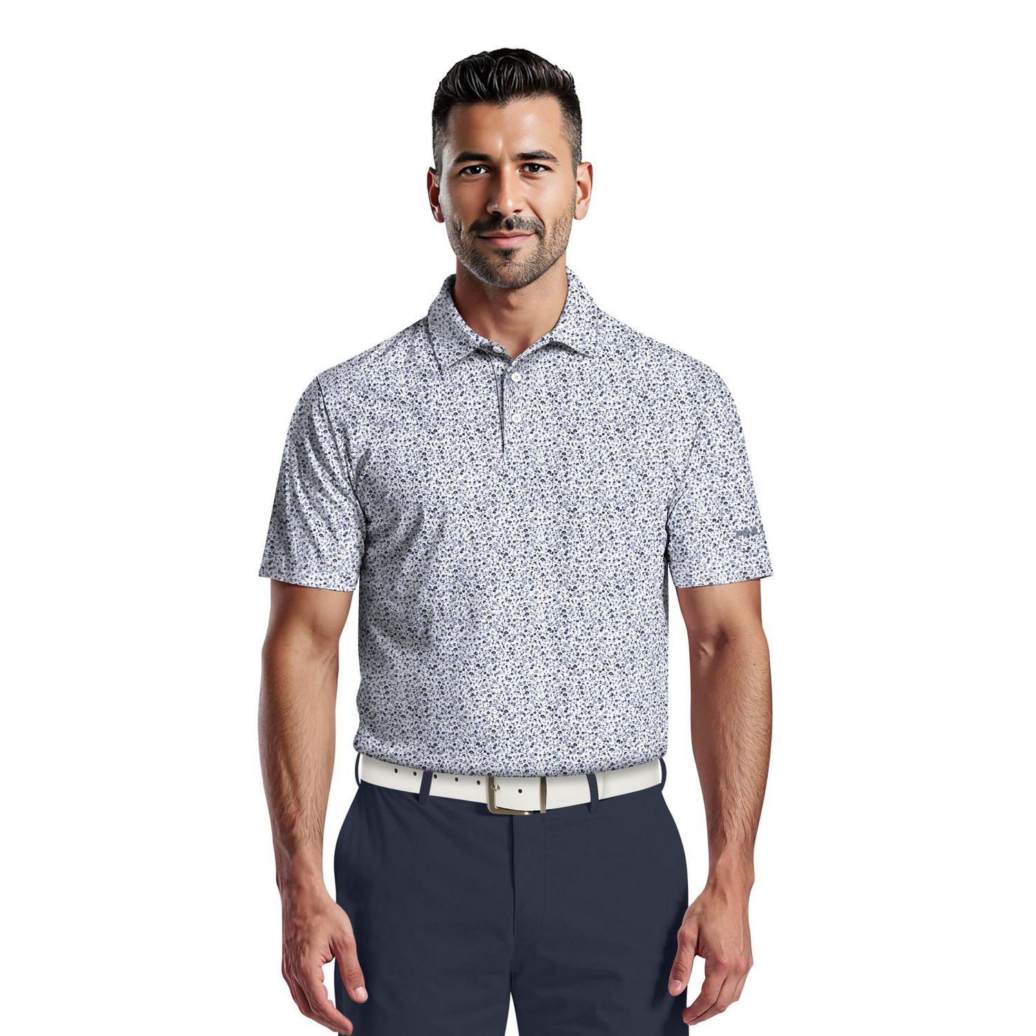 PGA Tour Course Essentials Men's All Over Micro Floral Print Short Sleeve Polo