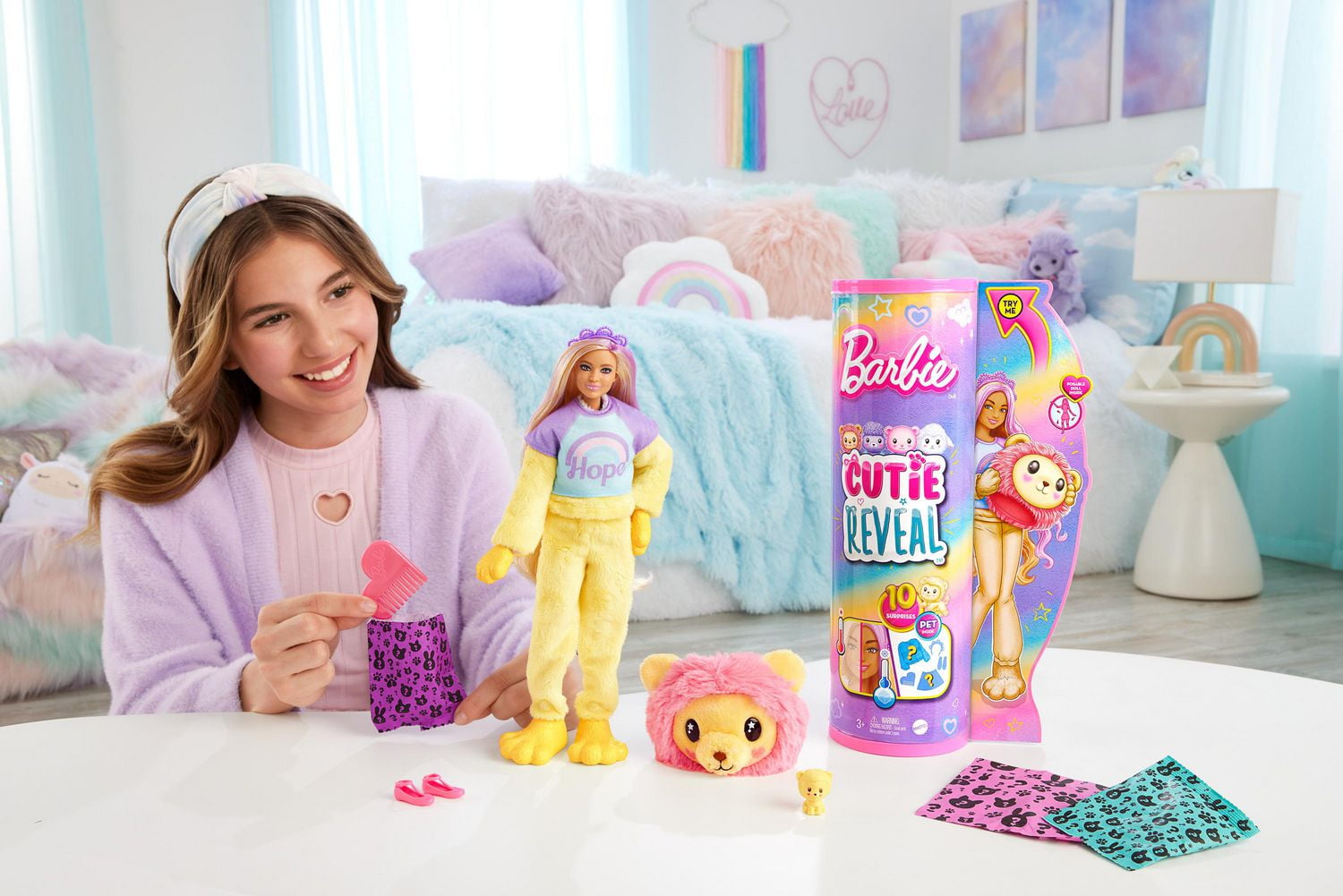 Barbie Cutie Reveal Doll Accessories Cozy Cute Tees Lion Hope Tee Purple Streaked Blonde Hair Brown Eyes