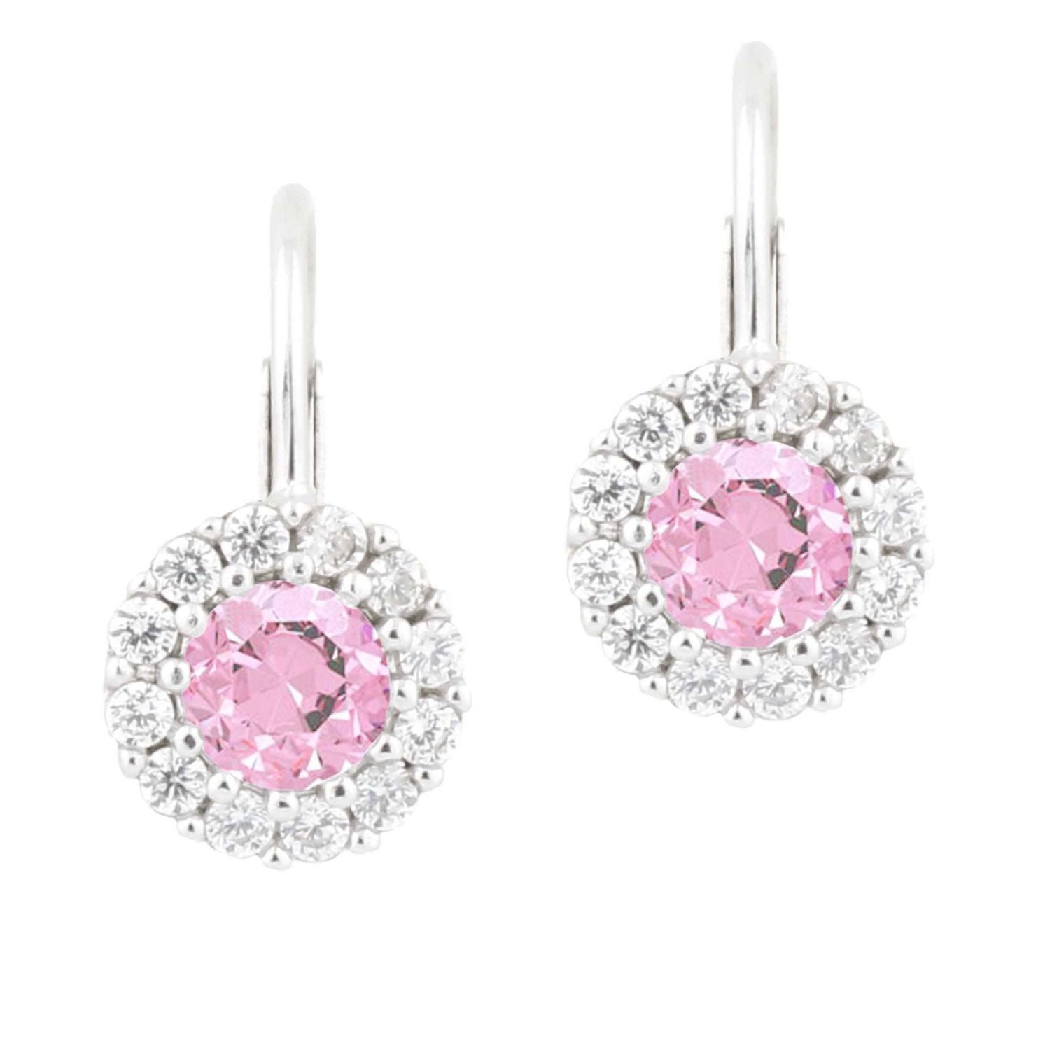 Unicornj Children's Tweens Sterling Silver 925 Pink CZ Round Halo October Birth Month Leverback Earrings 4mm