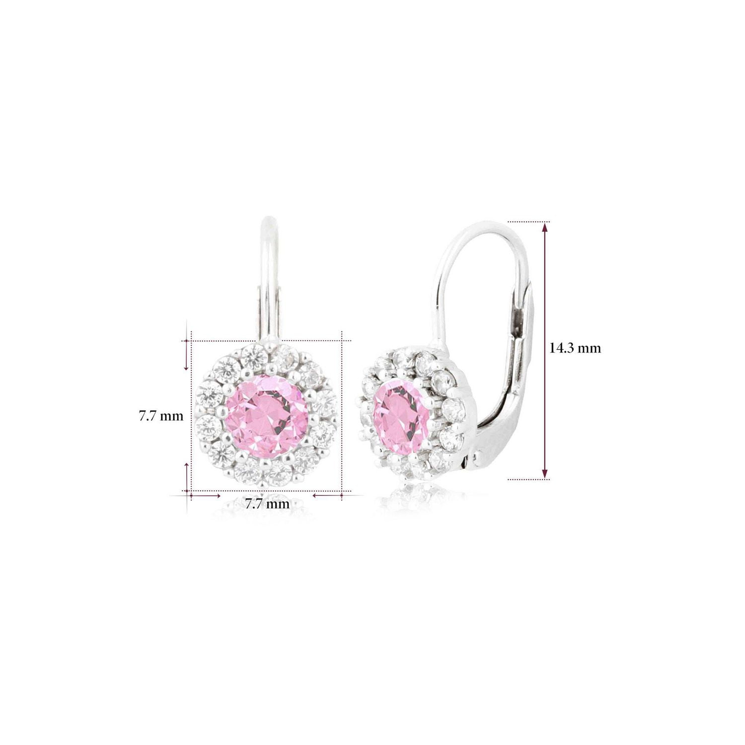 Unicornj Children's Tweens Sterling Silver 925 Pink CZ Round Halo October Birth Month Leverback Earrings 4mm