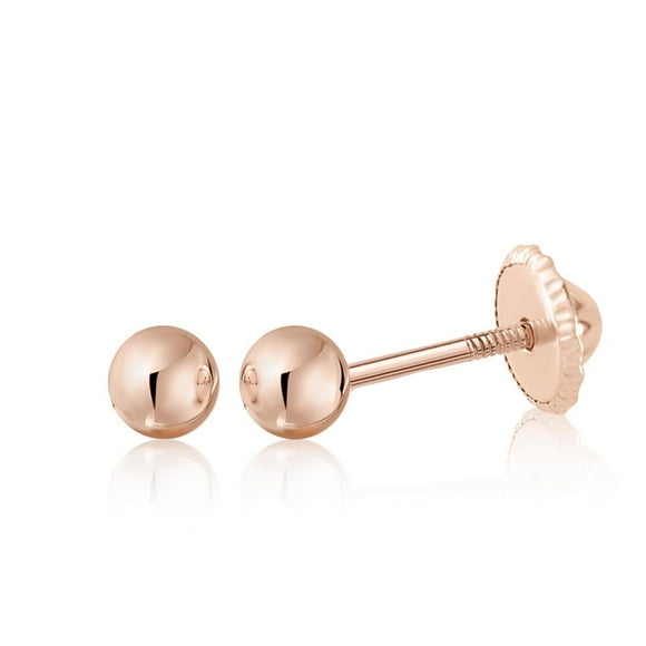 Massete 10K Rose Gold High Polished Shiny Stud Post Sphere Round Ball Earrings with Threaded Post and Secure Screwback 3 Millimeters