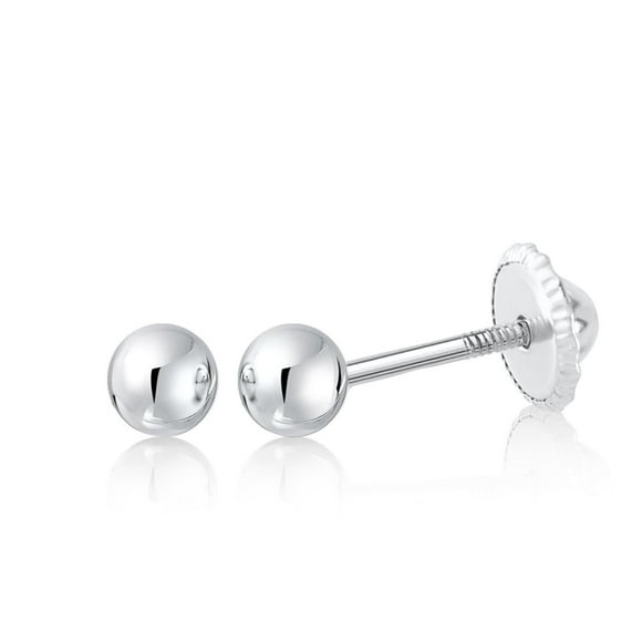 Massete 10K White Gold High Polished Shiny Stud Post Sphere Round Ball Earrings with Threaded Post and Secure Screwback 3 Millimeters