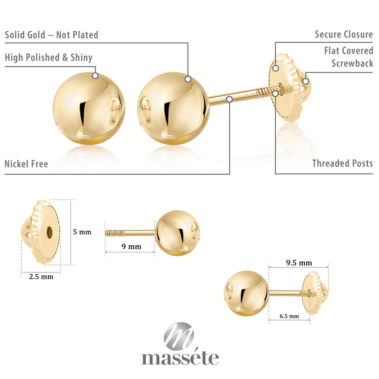 14k White Gold Ball Stud Earrings with Secure Screw-backs