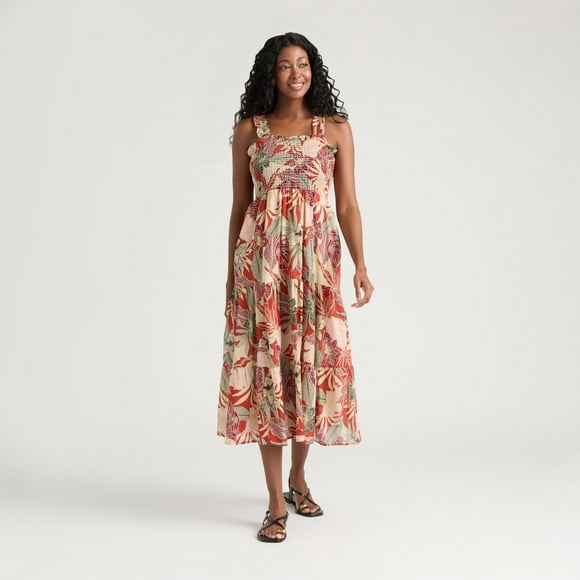 Mexx Women’s Printed Crinkle Woven Tiered Dress with Smock Top
