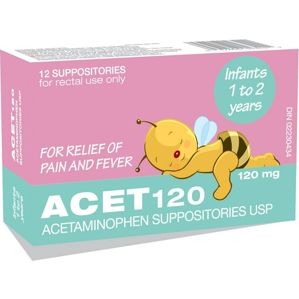 ACET 120mg Acetaminophen Suppositories USP, 12 Suppositories. For