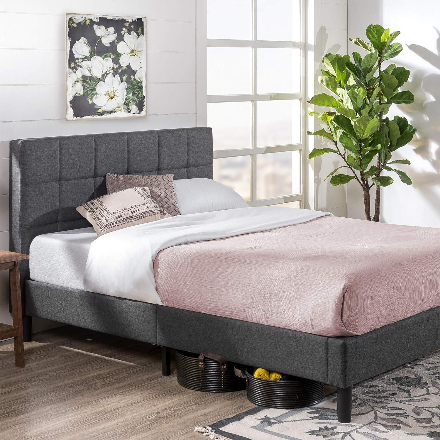 Zinus upholstered square stitched platform bed with store wooden slats