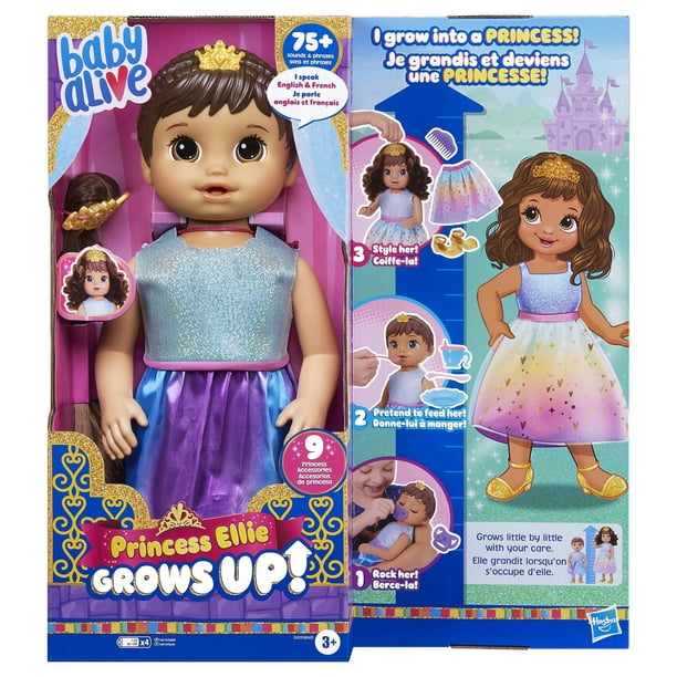 Baby Alive Poupée Princesse Ellie grandit !, poupée de 45 cm qui parle et  grandit, cheveux bruns, 9 accessoires, pour enfants, dès 3 ans 
