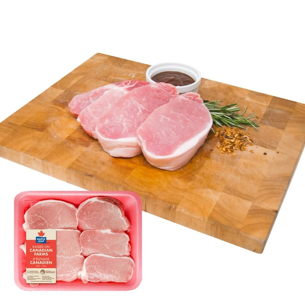 Côtelettes de porc désossées fraîches - Emballage assorti Coupe du centre et bout de côtes Maple Leaf, 6 morceaux, 0,70 - 1,10 kg
