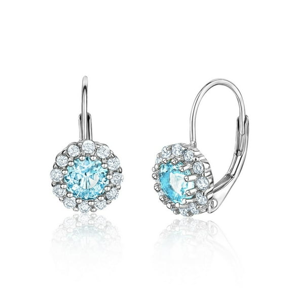 Unicornj Children's Tweens Sterling Silver 925 Light Blue CZ Halo March Birth Month Leverback Earrings 4mm