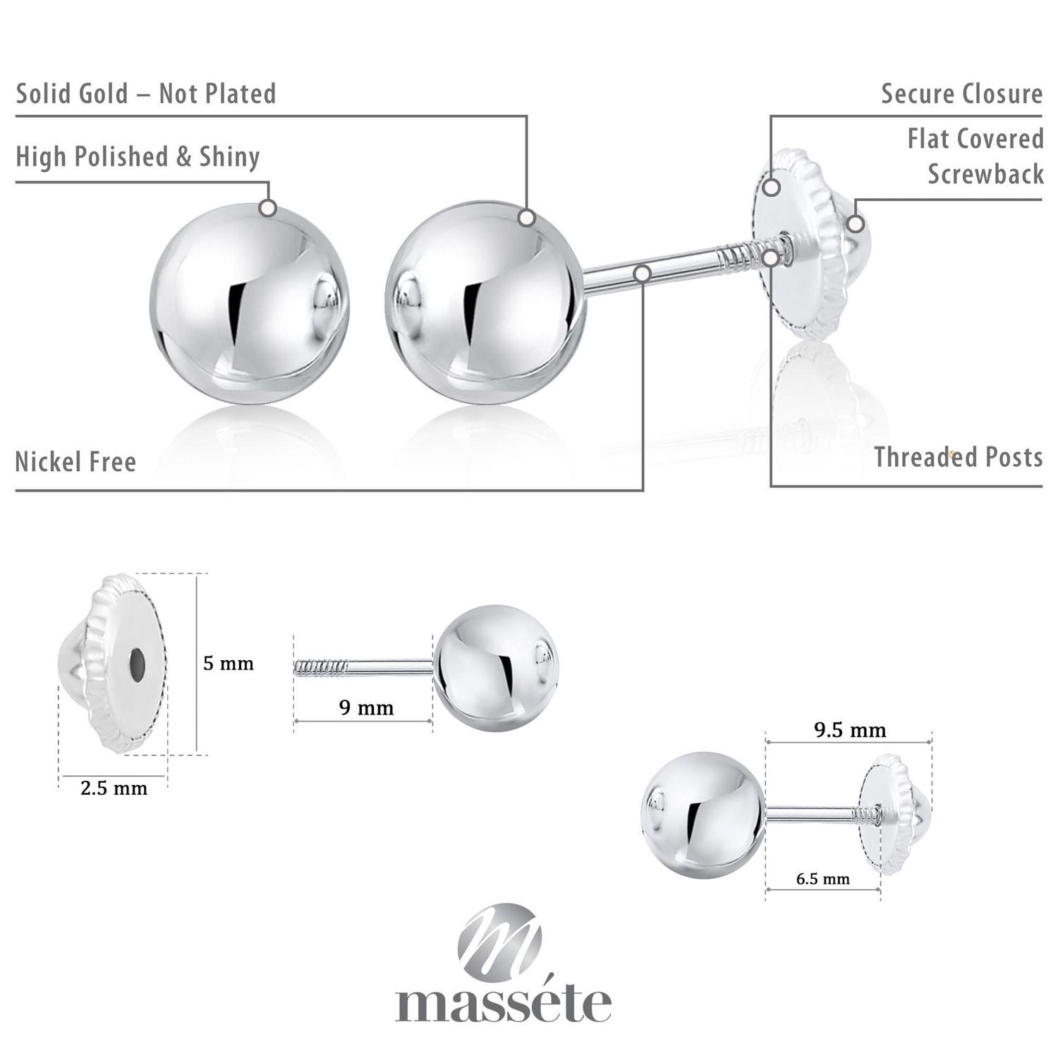 Massete 10K White Gold High Polished Shiny Stud Post Sphere Round Ball Earrings with Threaded Post and Secure Screwback 5 Millimeters