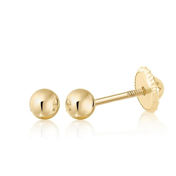 Massete 18K Yellow Gold High Polished Shiny Stud Post Sphere Round Ball Earrings with Threaded Post and Secure Screwback 3 Millimeters