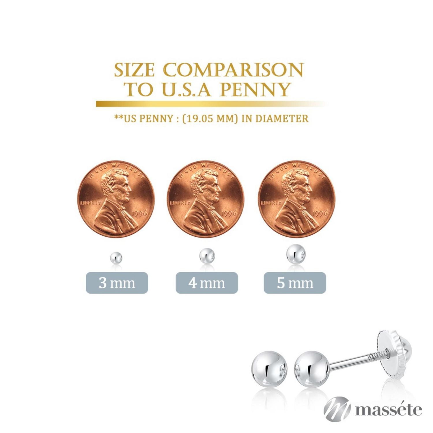 Massete 10K White Gold High Polished Shiny Stud Post Sphere Round Ball Earrings with Threaded Post and Secure Screwback 5 Millimeters