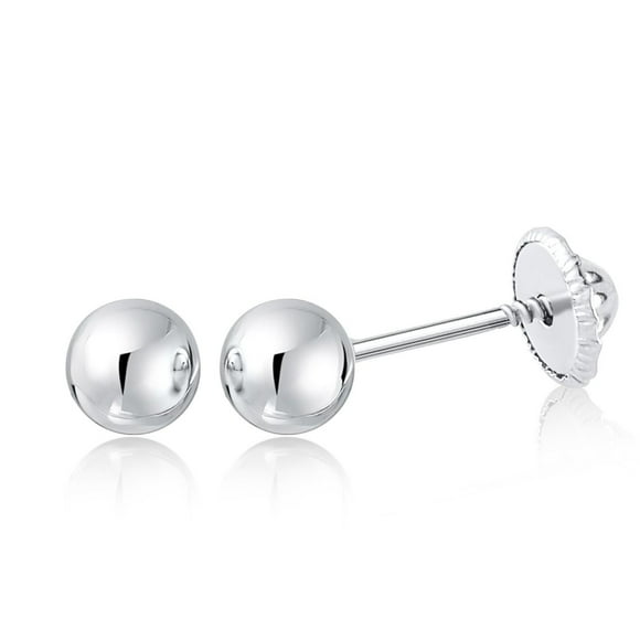 Massete 10K White Gold High Polished Shiny Stud Post Sphere Round Ball Earrings with Threaded Post and Secure Screwback 4 Millimeters