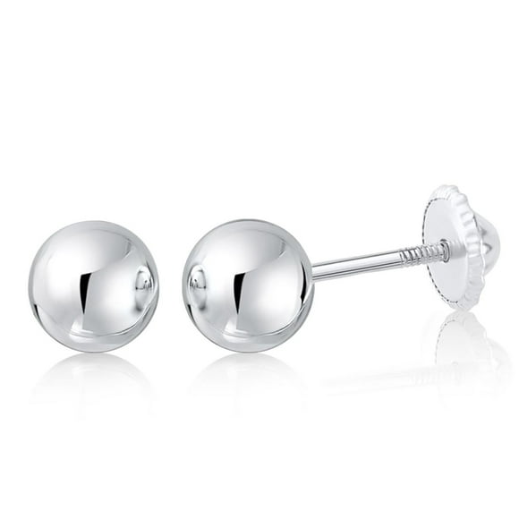 Massete 18K White Gold High Polished Shiny Stud Post Sphere Round Ball Earrings with Threaded Post and Secure Screwback 3 Millimeters