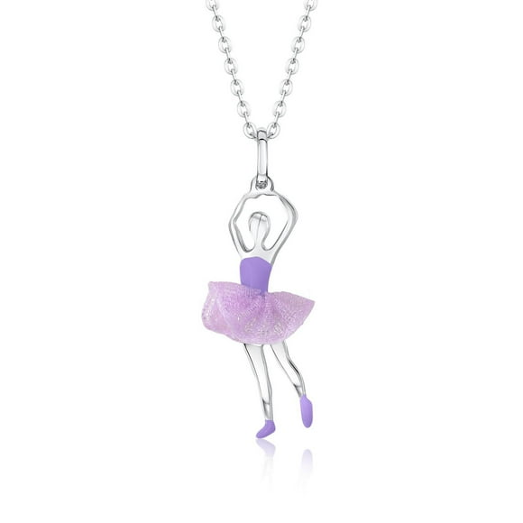 Unicornj Childrens Teens Sterling Silver 925 Ballerina Ballet Dancer Pendant Necklace with Purple Tulle Tutu and Enamel 16" Italy