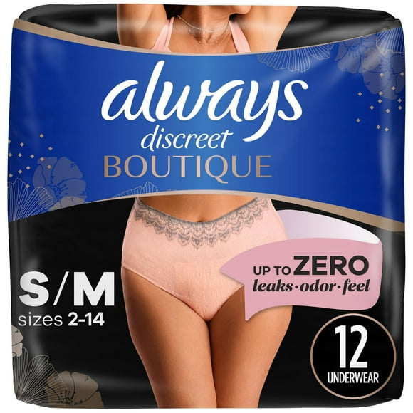 Culottes d’incontinence et de post-partum Always Discreet Boutique pour femmes, taille P/M, protection maximale, couleur rosée, 12 culottes