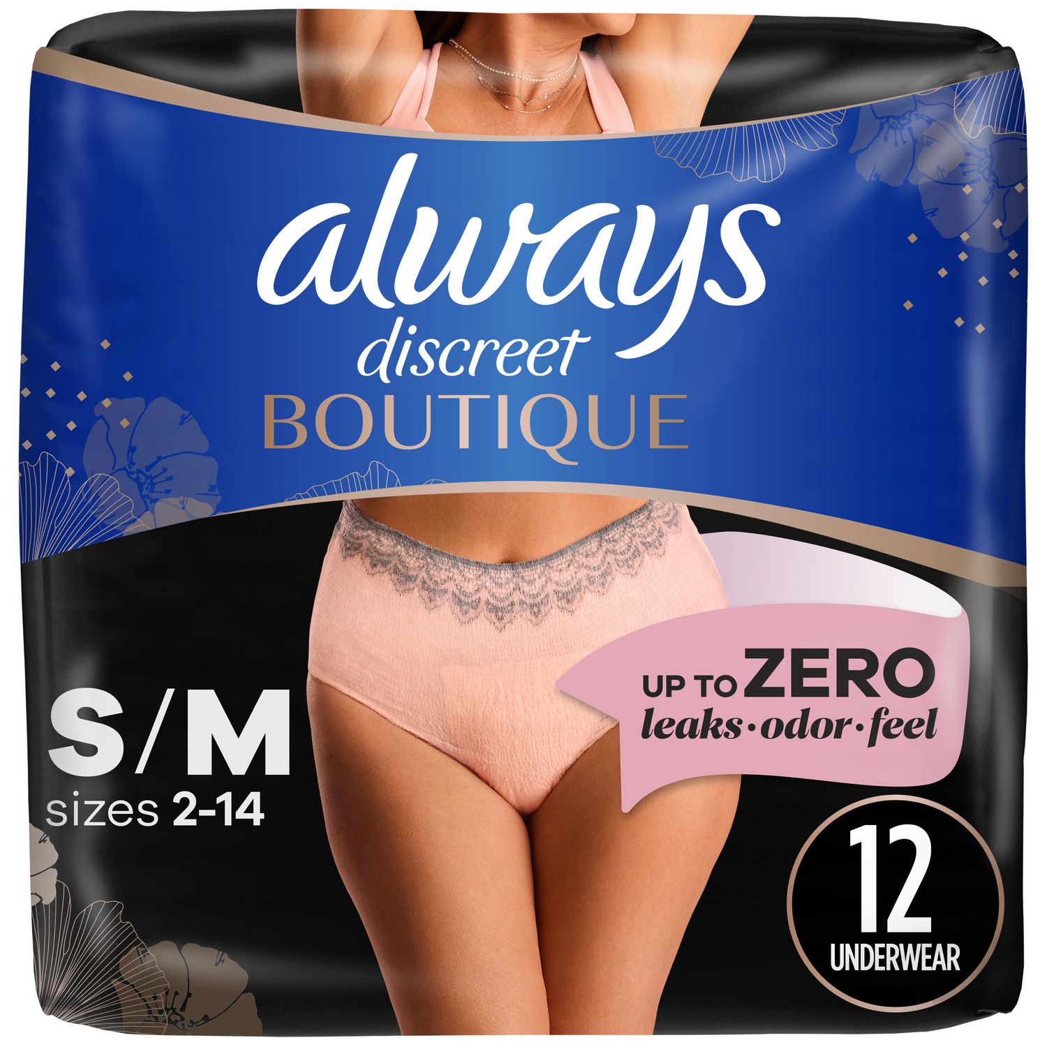 Culottes d’incontinence et de post-partum Always Discreet Boutique pour femmes, taille P/M, protection maximale, couleur rosée, 12 culottes