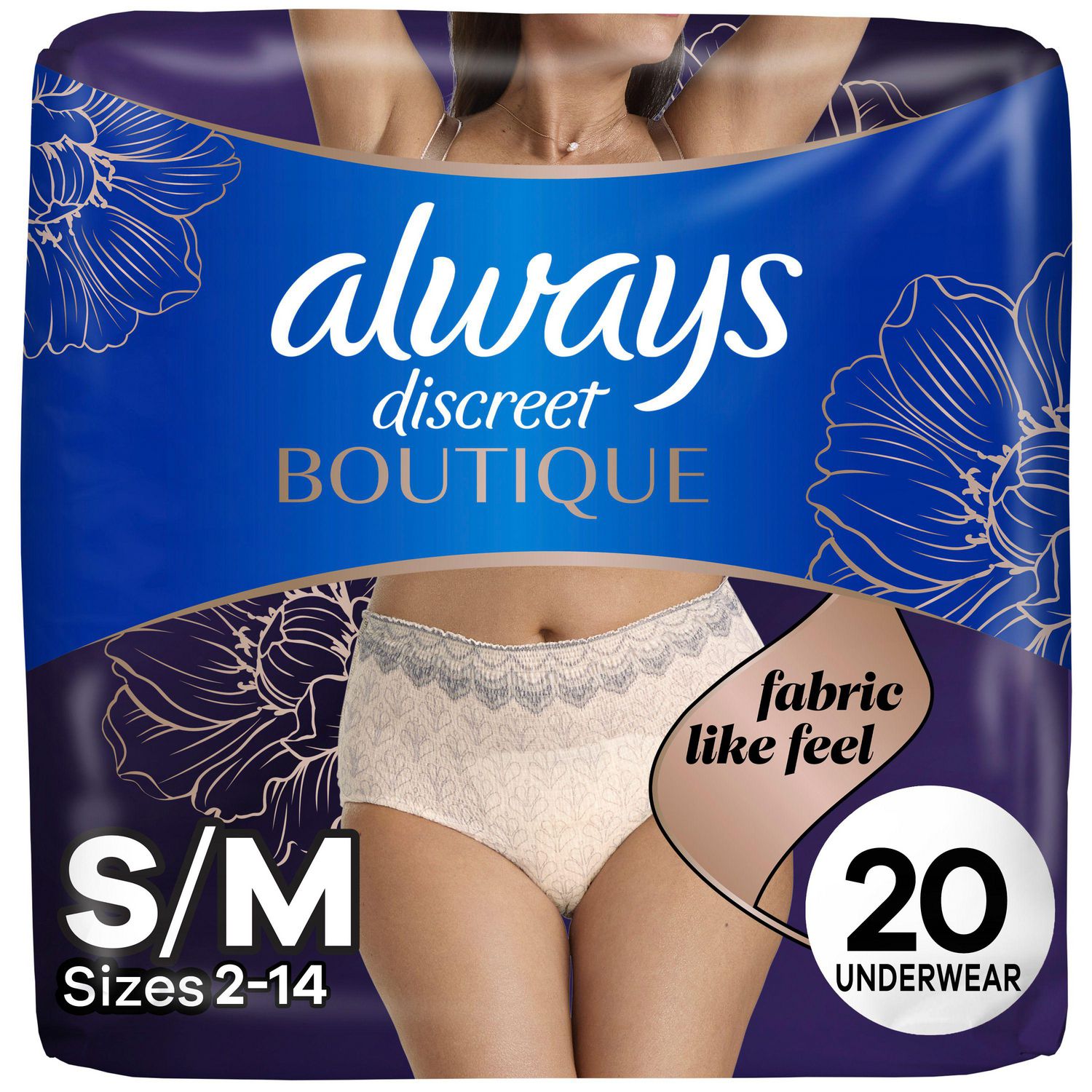 Culottes d’incontinence et de post-partum Always Discreet Boutique pour femmes, taille P/M, protection maximale, couleur rosée, 20 culottes