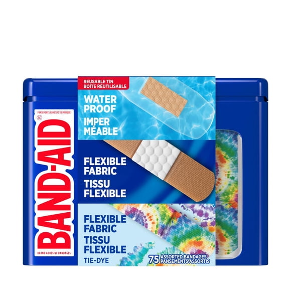 BAND-AID® Brand Adhesive Bandage Variety Pack with Flexible Fabric, Flexible Fabric Tie-Dye Prints, & Waterproof Bandages for First Aid Wound Care of Minor Cuts, Scrapes & Burns, Assorted Tin