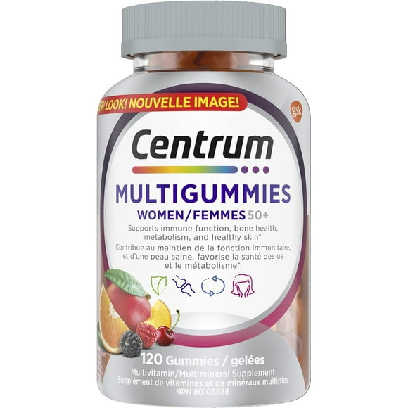 Centrum MultiGummies Femmes 50+, un supplément gélifié complet de vitamines et de minéraux, saveurs de fruits tropicaux , baies mélangées et orange, en format de 120 gelées 120 gelées