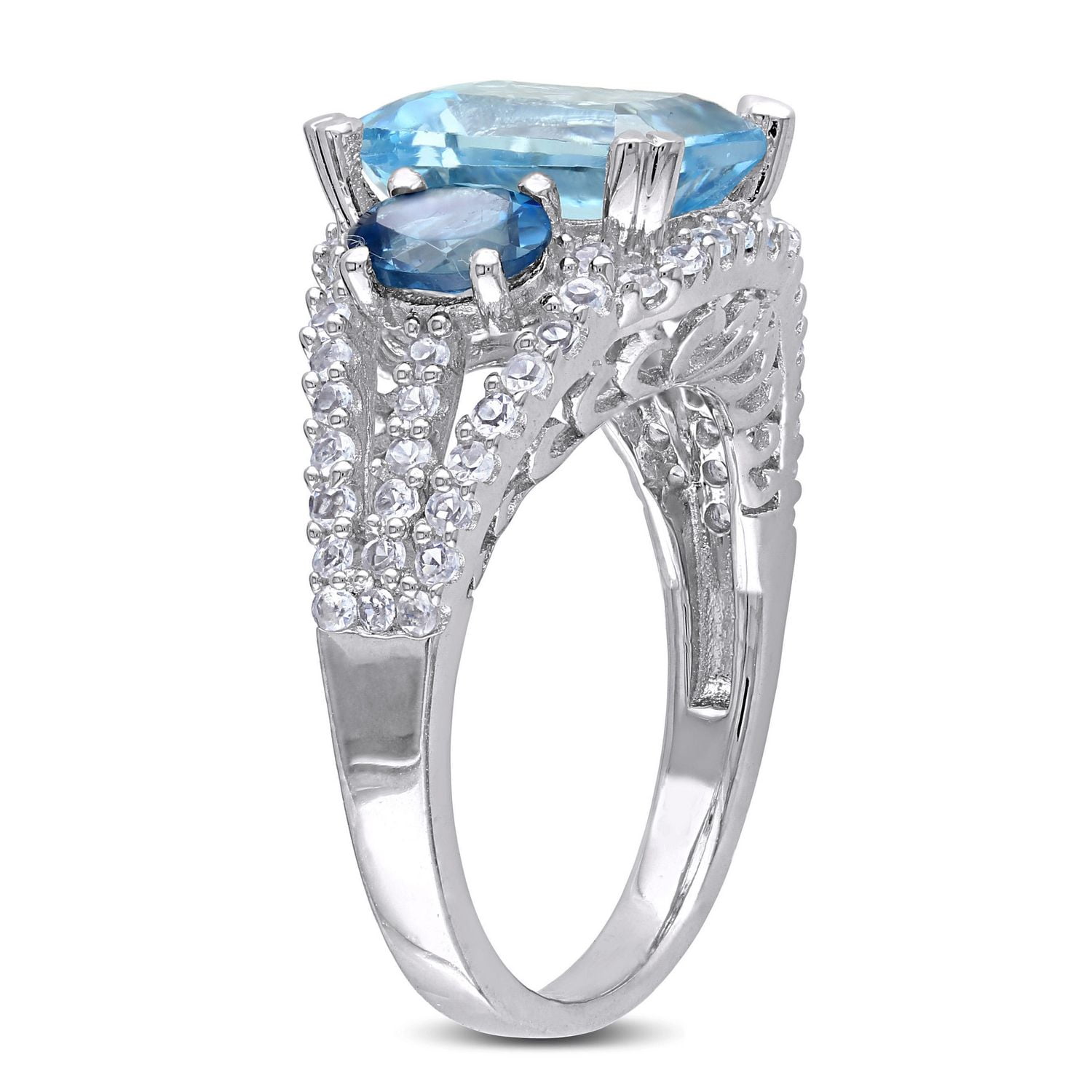 Tangelo 5-3/4 Carat T.G.W. Sky And London-Blue Topaz with Created White Sapphire Sterling Silver Three-Stone Ring