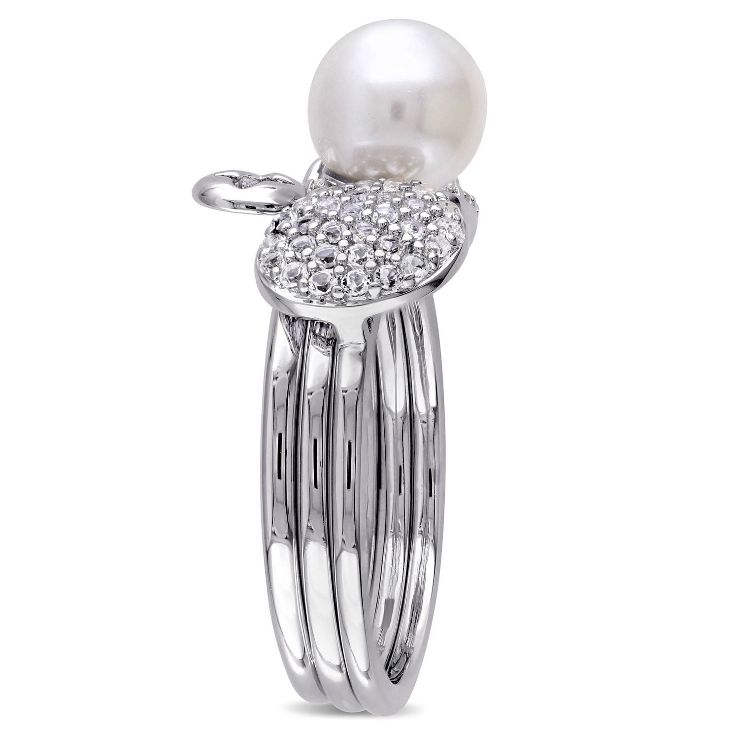 Tangelo Cultured Pearl, Yellow Quartz And White Topaz Sterling Silver 3-Piece Stackable Ring Set