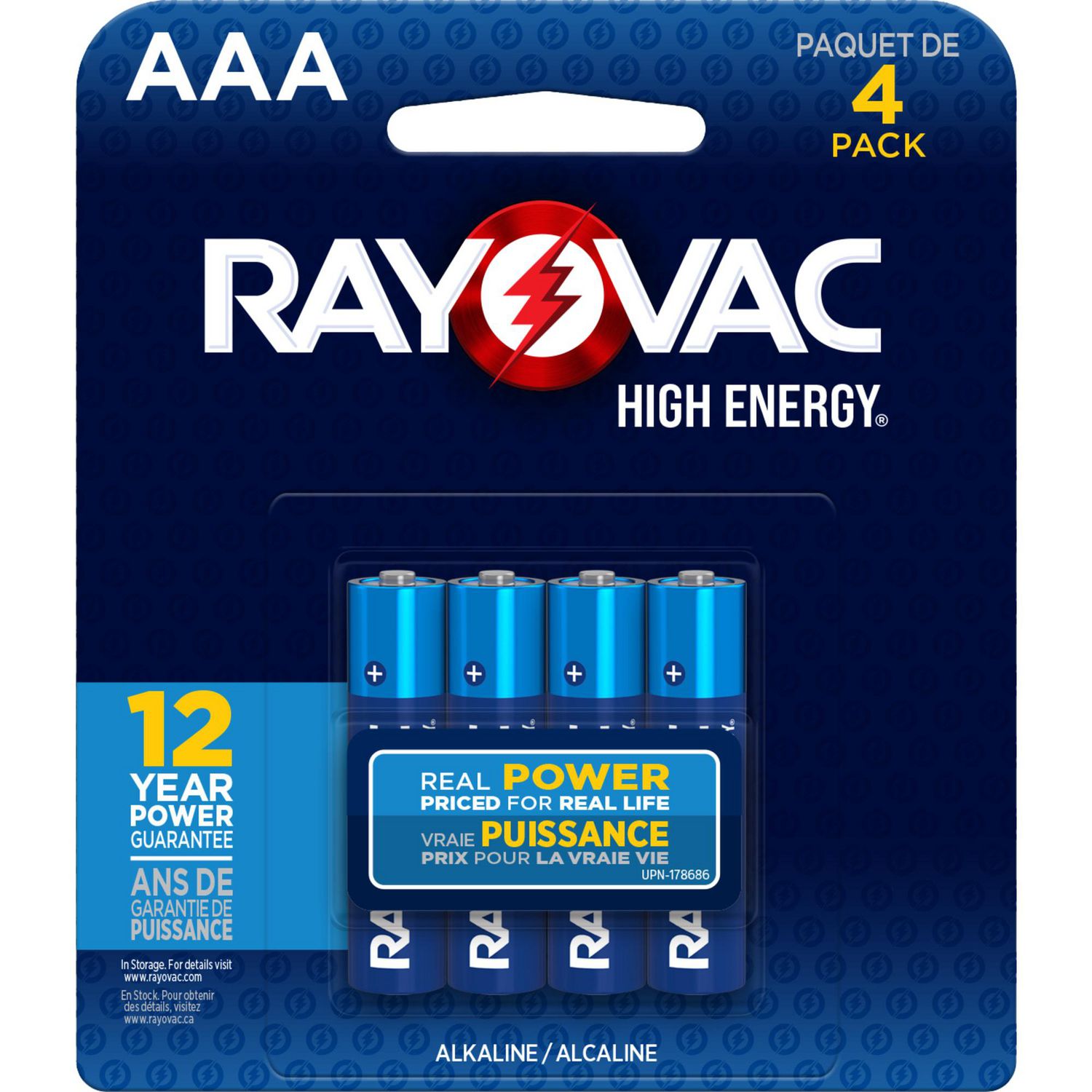 Piles alcalines AAA Rayovac haut Energy, emballage de 4