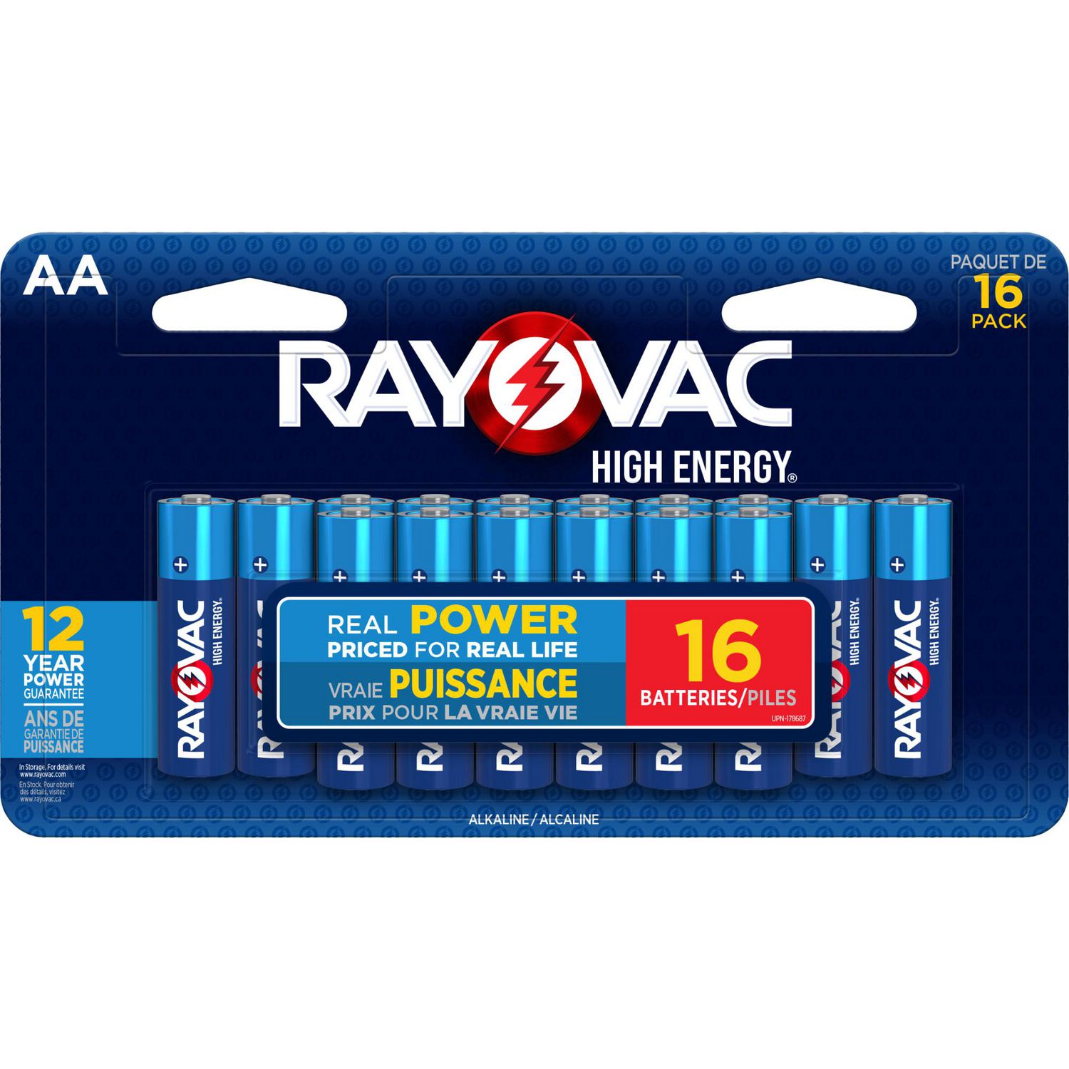 Piles alcalines AA Rayovac haut Energy, emballage de 16