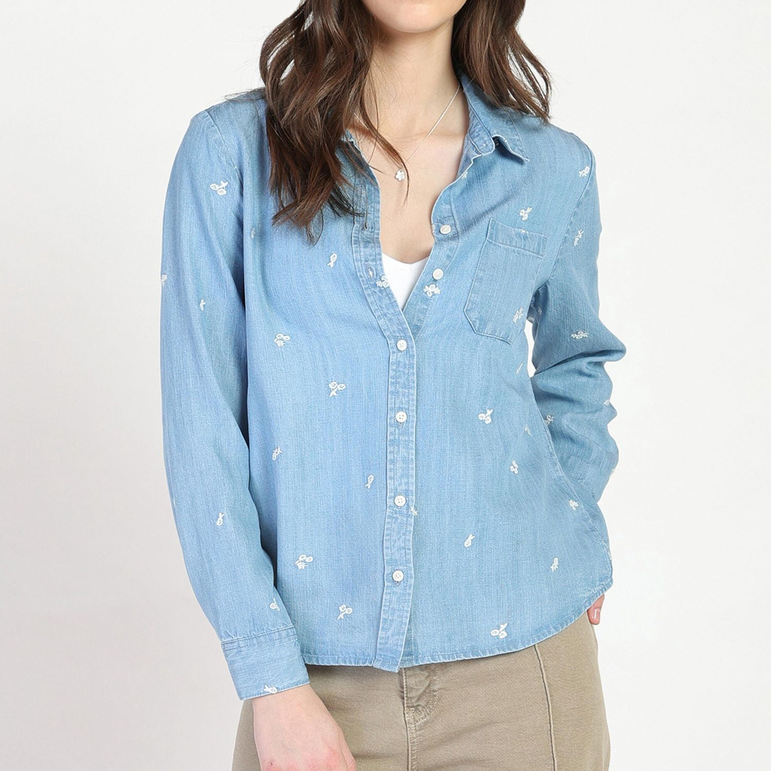 Bloom Girl Embroidered Button Front Shirt, Sizes XS-XL