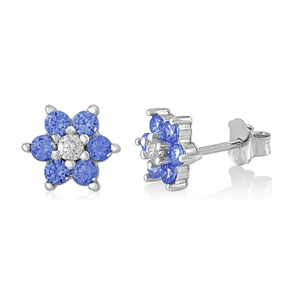 Unicornj Childrens Sterling Silver 925 Dark Blue CZ 6 Petal Flower September Birth Month Stud Post Earrings