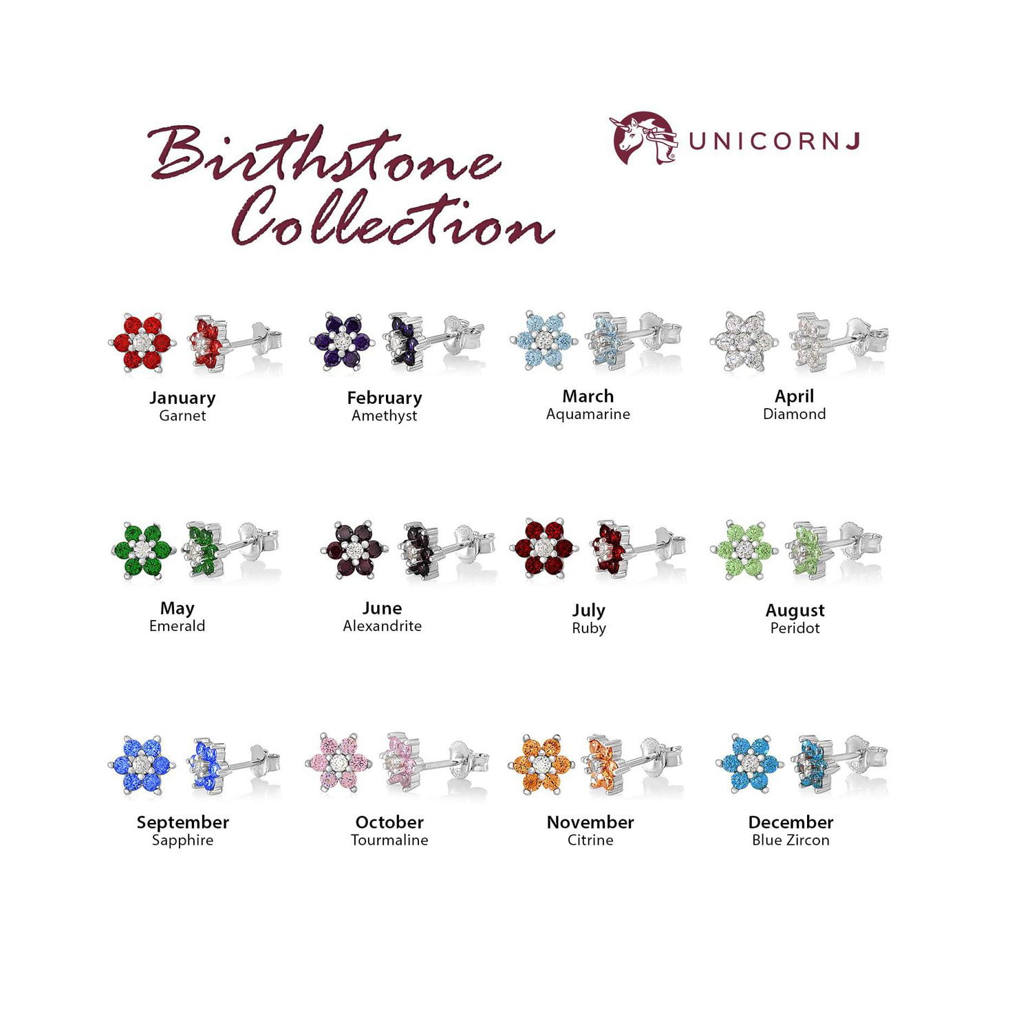 Unicornj Childrens Sterling Silver 925 Light Blue CZ 6 Petal Flower March Birth Month Stud Post Earrings