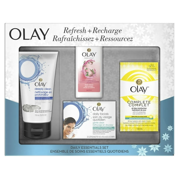 Ensemble-cadeau Olay : nettoyant minéral pour les pores + hydratant de jour + nettoyant pour le corps + lingettes quotidiennes pour le visage